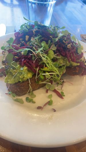 Avocado Toast - chunky avocado topped with pickled beets, microgreens finished with nigella, pistachio, almond & sesame oil drizzle  at SEA - Floret in Seattle