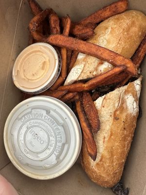 Mushroom Au jus made vegan with yam fries and chipotle aioli  at SEA - Floret in Seattle