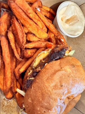 Sweet & Spicy Crispy Tofu Sandwich with sweet potato fries and garlic aioli.   at SEA - Floret in Seattle