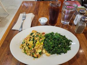 tofu summer scramble with garlicky greens, goat cheese on the side,  iced coffee at SEA - Floret in Seattle
