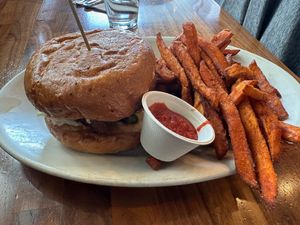Vegan Sweet & Spicy Crispy Tofu Sandwich with Yam Fries at SEA - Floret in Seattle