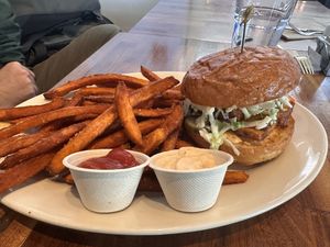 Fried tofu burger and sweet potato fries   at SEA - Floret in Seattle