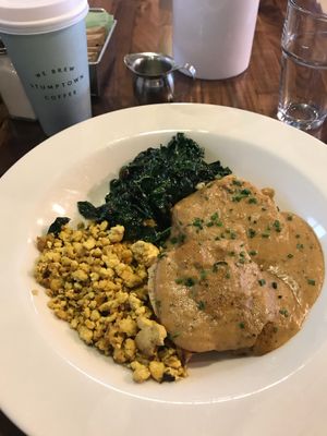 Southern Platter (tofu scramble, greens, biscuits and gravy) at SEA - Floret in Seattle