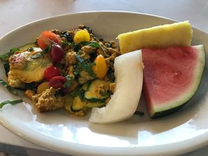 Summer Scramble with seasoned tofu, squash and kale. at SEA - Floret in Seattle