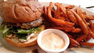 Veggie burger with yam fries!  Delicious!!!! Vegan! at SEA - Floret in Seattle