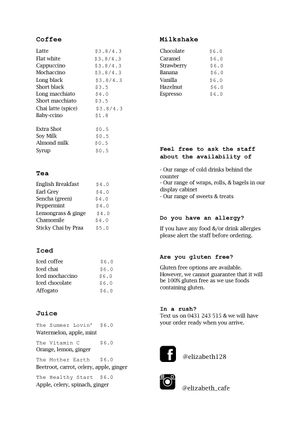 Drink menu at The Elizabeth Cafe in Coburg