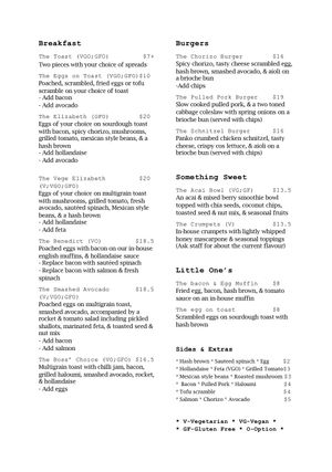 Food menu at The Elizabeth Cafe in Coburg