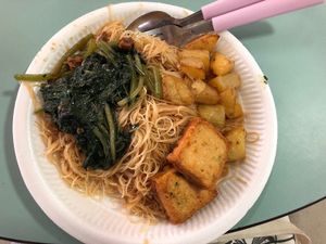 Beehoon, fried tofu, potatoes and sambal sweet potato leaves at Toa Payoh Lorong 8 - Vegetarian Stall in Central Singapore