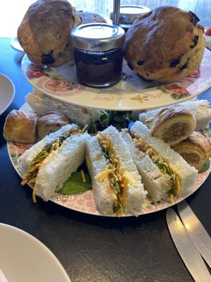 Cheese and onion chutney sandwiches (afternoon tea)  at Baskerville's Coffee House in Maidstone
