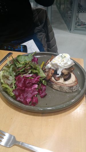 Bread with cheese and mushrooms. Comes with salad. Good for vegetarians, not vegans. at Rose Bakery - Chiyoda in Tokyo