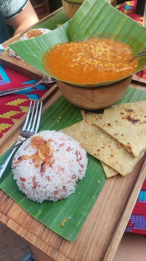 Lentil dahl with naan bread and rice  at Global Village Kafe in Lovina