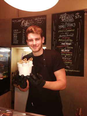 Showing off his vegan handywork at Delabuu Ice Cream in Berlin