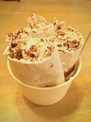 Icecream rolls with chocolate hazelnut, coconut, and white chocolate.  at Delabuu Ice Cream in Berlin