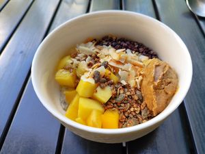 Power Porridge with 5-seeds and peanut butter toppings at roots - Schanzengraben in Zurich