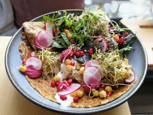 Vegan buckwheat chia pancakes at roots - Schanzengraben in Zurich