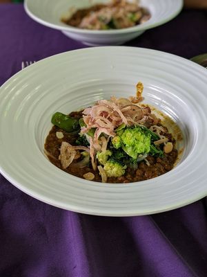 One of two vegan options on the menu for dinner - lentil stew. It was incredible! Had a bit of a bite. They split the dish into 2 servings because we were sharing it. :) at Lime Inn Bar & Restaurant in St John