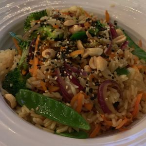 Wok'd | (GF, Vegan)
classic jasmine rice stir fry with snow peas, broccoli, carrots, red onions, chinese cabbage, peanuts, scallions at Lime Inn Bar & Restaurant in St John