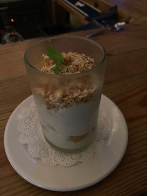 Vegan dessert:

Coconut Dream Tembleque  | (GF, VEGAN)
coconut custard, roasted pineapple, toasted coconut flakes at Lime Inn Bar & Restaurant in St John
