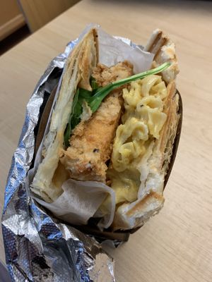 Fried tofu w vegan Mac, vegan sriracha Mayo and greens at Iron Paffles & Coffee in Charlottesville