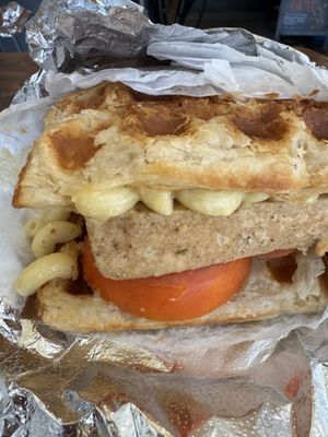 Build your own with fried tofu and vegan mac   at Iron Paffles & Coffee in Charlottesville