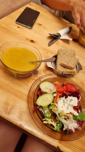 Salad, soup and bread (we asked if the salad was vegan and they argued it was!) at Krishna Lunch in Barcelona