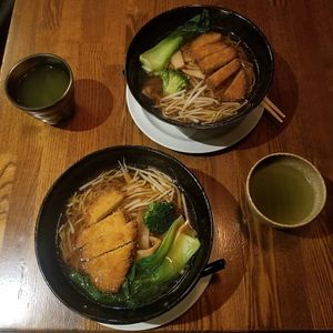 Vegan "Chicken" Miso Soup. Green tea. at Huntington Ramen & Sushi in Fullerton
