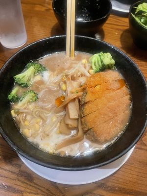 Vegan miso butter sushi with crispy “chicken"  at Huntington Ramen & Sushi in Fullerton