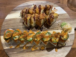 CA Crunch roll and Inferno roll  at Huntington Ramen & Sushi in Fullerton