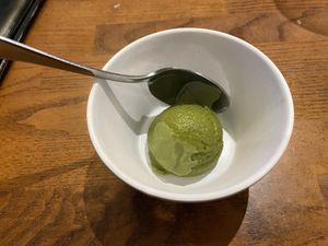 What a nice touch- vegan green tea ice cream- included!  at Huntington Ramen & Sushi in Fullerton
