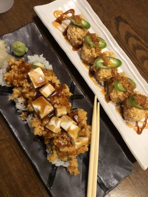 Vegan volcano roll and vegan crispy rice with tofu “salmon” at Huntington Ramen & Sushi in Fullerton