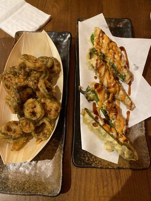 Fried jalapeños on the left (very oily), stuffed jalapeños on the right (delicious) at Huntington Ramen & Sushi in Fullerton
