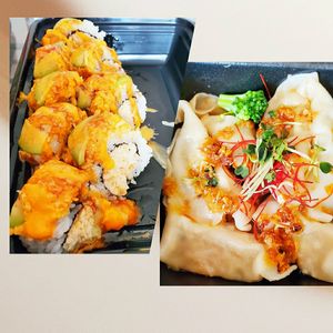 Vegan sushi and  gyozas 🤤😋 at Huntington Ramen & Sushi in Fullerton