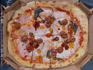 Vegan Harissa Meatball pizza (arrived uncut) at Zizzi - Suffolk St in Dublin