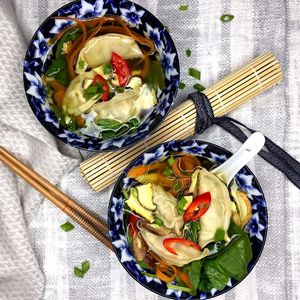 Simple Miso Dumpling Soup:
Easy, simple Asian inspired soup is loaded with exotic flavors. Assorted    vegetables, shiitake mushrooms, and vegetable dumplings. at Chip and Kale in Pittsburgh