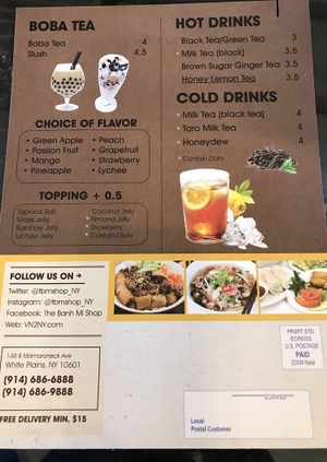 Drink menu (drinks with dairy are marked with a star) at The Banh Mi Shop in White Plains