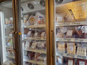 Frozen stuff for sell including veggie meatballs and veggies shrimp. at SaiShokuKenBi in Tokyo