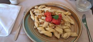 Eggplant cream, tomatoes and mint, so good! at Pesto di Pistacchio in Trani