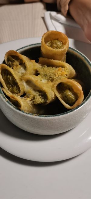 Crispy pasta with filling at Pesto di Pistacchio in Trani