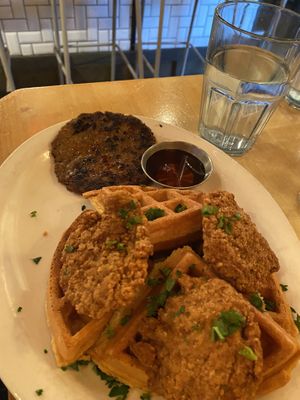chicken and waffles from new brunch  at MeeT in Yaletown in Vancouver