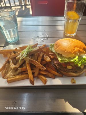 Mediterranean burger with poutine at MeeT in Yaletown in Vancouver