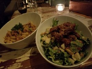 Mom's Hamburger Helper and a BBQ Caesar w/ whiskey chiggen at MeeT in Yaletown in Vancouver