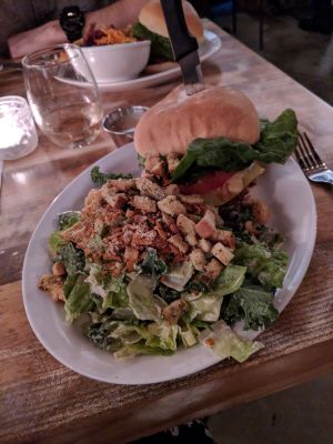 Burger with Caesar Salad at MeeT in Yaletown in Vancouver