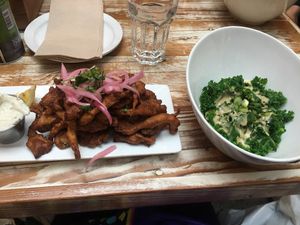 Oyster mushroom calamari and kale with miso cashew sauce at MeeT in Yaletown in Vancouver