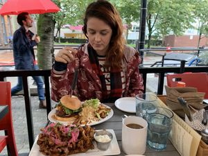 Crispy BBQ Burger with Poutine Fries and Calamari at MeeT in Yaletown in Vancouver