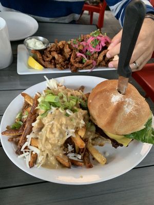 Crispy BBQ Burger with Poutine Fries and Calamari at MeeT in Yaletown in Vancouver