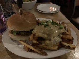 Double bacon cheeseburger plus poutine  at MeeT in Yaletown in Vancouver