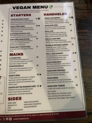 Vegan menu  at Hometown Sports Grill in Ottawa