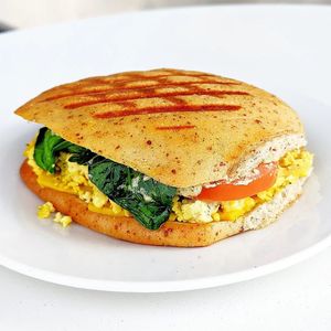 Vegan "Egger" breakfast sandwich with tofu scramble and cheddar (100% house made) at Gratify Foods in Penticton