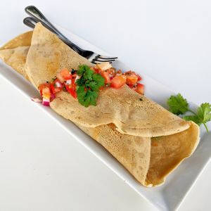 Vegan Huevos Rancheros Brunch Crepe at Gratify Foods in Penticton