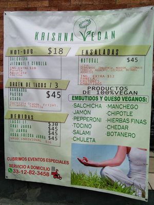 Menu sign at Krishna Vegan in Guadalajara